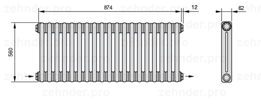 Схема (чертеж) Радиатор Zehnder Charleston 2056/19 №2670 Белый глянцевый RAL 9016